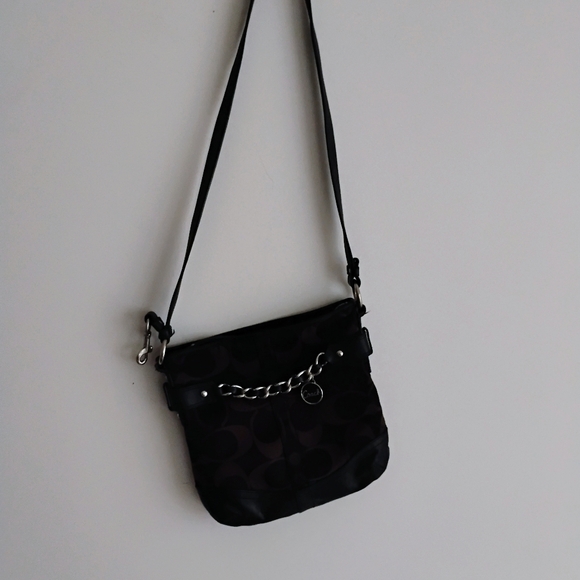 Coach Black Leather Dark Brown Canvas Signature Crossbody Bag Purse - Picture 12 of 15